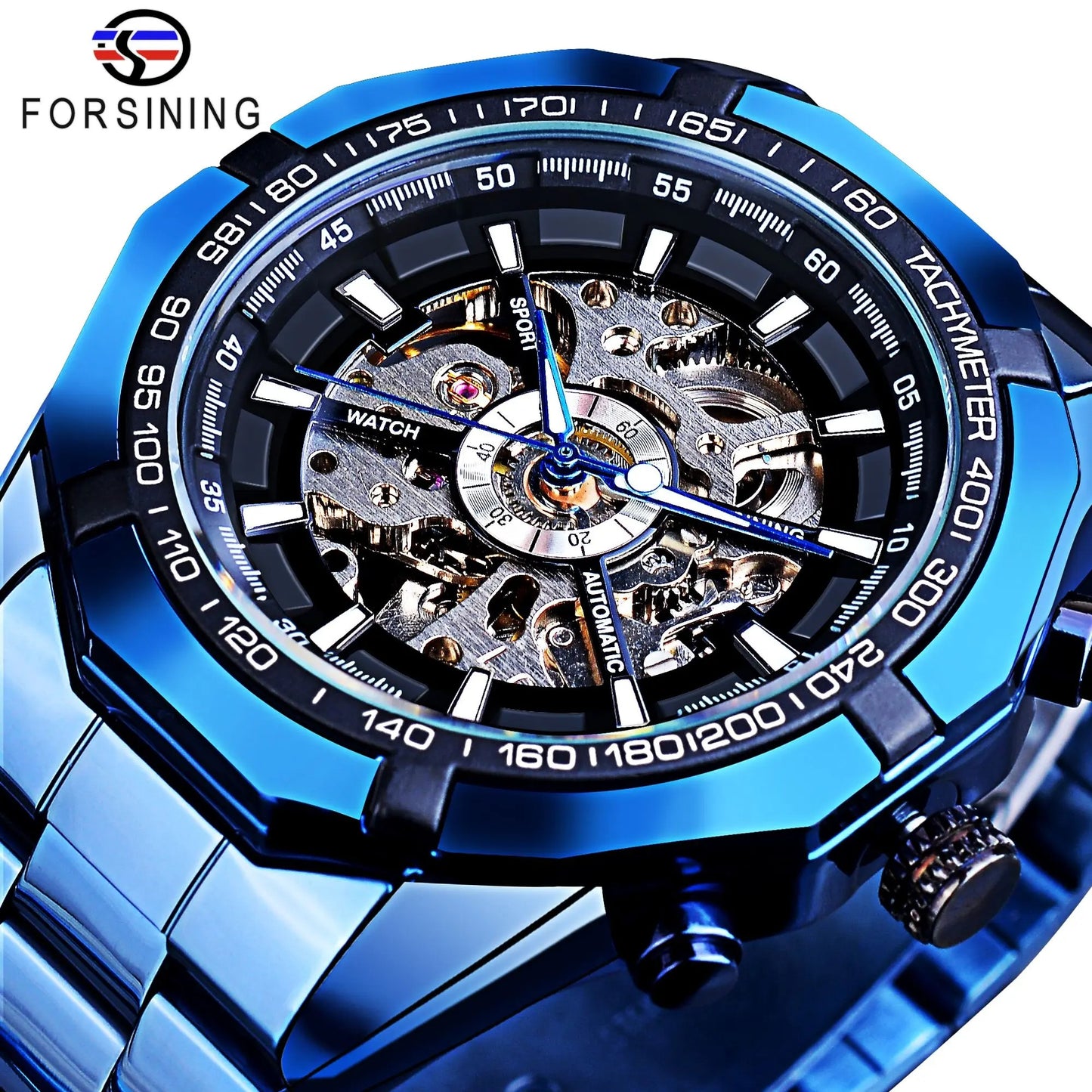 Forsining 2021 Stainless Steel Waterproof Mens Skeleton Watch