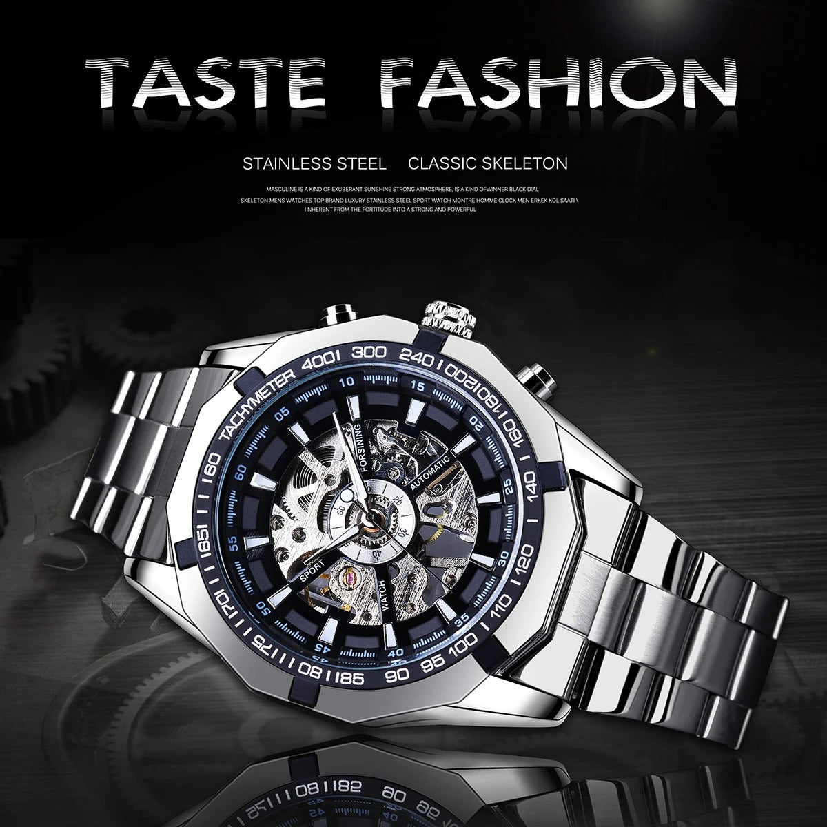 Forsining 2021 Stainless Steel Waterproof Mens Skeleton Watch