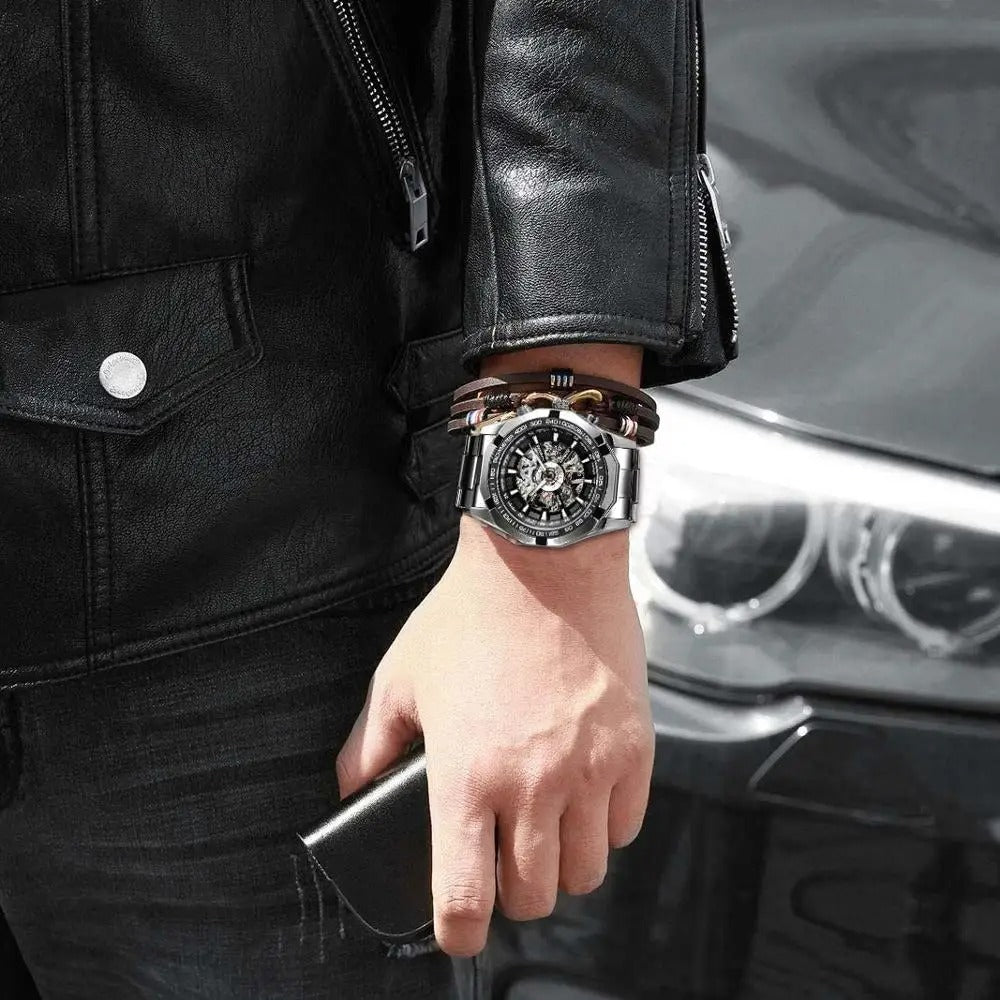 Forsining 2021 Stainless Steel Waterproof Mens Skeleton Watch